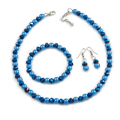 8mm/Glass Bead and Faux Pearl Necklace/Flex Bracelet/Drop Earrings Set in Blue Colours - 43cmL/4cm Ext - main view