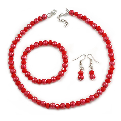 8mm/Glass Bead and Faux Pearl Necklace/Flex Bracelet/Drop Earrings Set in Red Colours - 43cmL/4cm Ext - main view