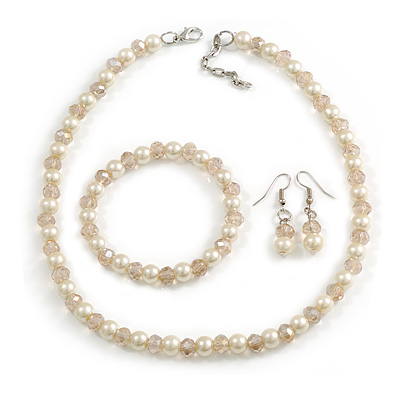 8mm/Light Pink Glass Bead and Cream Faux Pearl Necklace/Flex Bracelet/Drop Earrings Set - 43cm L/4cm Ext