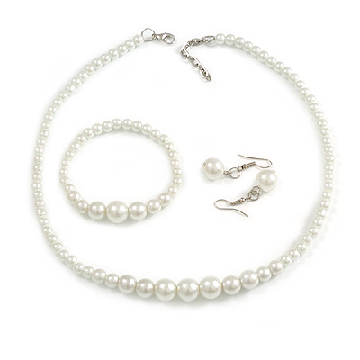 White Faux Pearl Bead Necklace/ Stretch Bracelet/Drop Earrings Set - 44cm L/ 4cm Ext