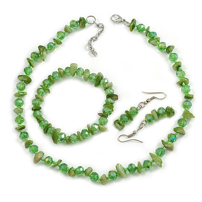 Green Glass/Shell Necklace/ Flex Bracelet (Size M) / Drop Earrings Set - 40cm L/5cm Ext