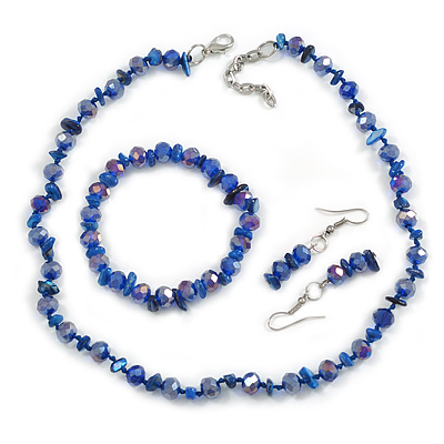Blue Shades Glass/Shell Beaded Necklace/ Flex Bracelet (Size M) / Drop Earrings Set - 40cm L/5cm Ext - main view