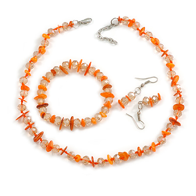 Transparent Orange Glass/Carrot Orange Shell Necklace/ Flex Bracelet (Size M) / Drop Earrings Set - 40cm L/5cm Ext