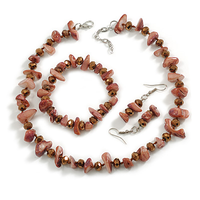 Bronze Glass/Taupe Coloured Shell Necklace/ Flex Bracelet (Size M) / Drop Earrings Set - 40cm L/5cm Ext - main view
