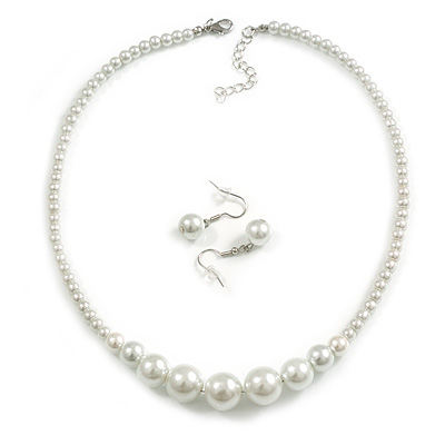 White Graduated Glass Bead Necklace & Drop Earrings Set In Silver Plating - 40cm L/ 5cm Ext - main view