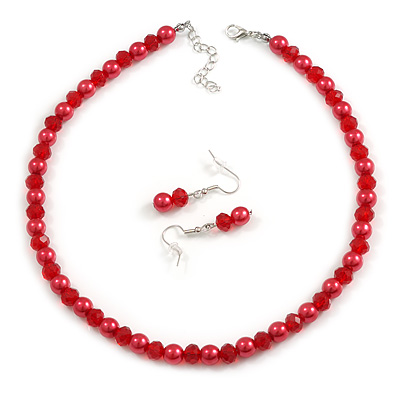 8mm/Glass Bead and Faux Pearl Necklace and Drop Earrings Set in Red Colours - 40cmL/5cm Ext