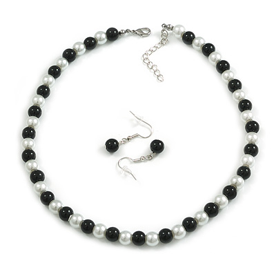 Black/White Glass Bead Necklace and Drop Earring Set In Silver Metal/ 8mm/ 40cm L/ 4cm Ext