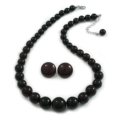 Black Acrylic Bead Necklace And Dome Shape Stud Earrings Set - 48cm L/6cm Ext