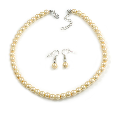 Pastel Yellow Glass Bead Necklace and Drop Earring Set In Silver Metal/ 8mm/ 40cm L/ 4cm Ext