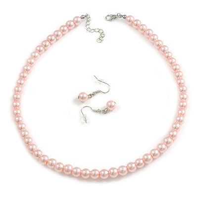 Pastel Pink Glass Bead Necklace and Drop Earring Set In Silver Metal/ 8mm/ 40cm L/ 4cm Ext