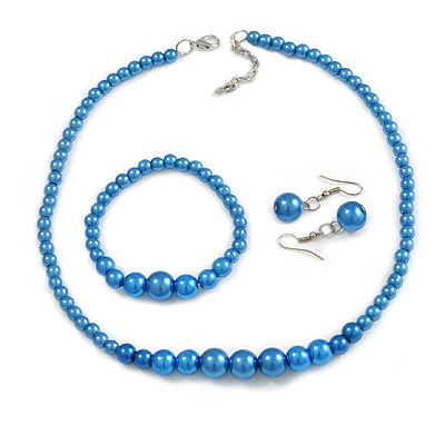 Blue Faux Pearl Bead Necklace/ Stretch Bracelet/Drop Earrings Set - 44cm L/ 4cm Ext
