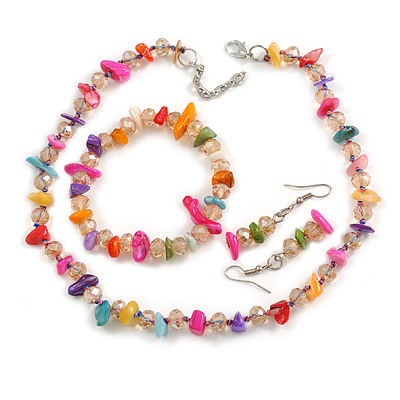 Multicoloured Glass/Shell Necklace/ Flex Bracelet (Size M) / Drop Earrings Set (Assorted Colours) - 40cm L/5cm Ext