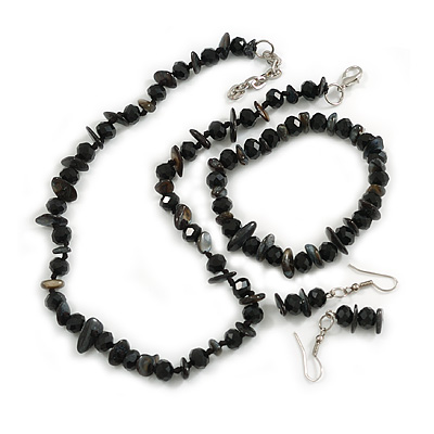Black Glass/Dark Grey Shell Necklace/ Flex Bracelet (Size M) / Drop Earrings Set - 40cm L/5cm Ext