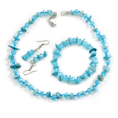 Light Blue Glass/Ice Blue Shell Necklace/ Flex Bracelet (Size M) / Drop Earrings Set - 40cm L/5cm Ext