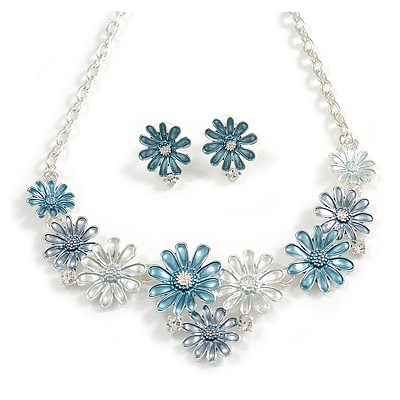 Blue/Silver/Purple Enamel Floral Necklace and Stud Earrings Set in Silver Tone - 44cm L/6cm Ext