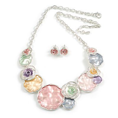 Multicoloured Enamel Rose Floral Necklace and Stud Earrings Set in Silver Tone/45cm L/6cm Ext - main view