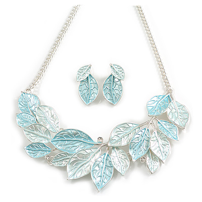 Pastel Mint Blue Enamel Leafy Necklace and Stud Earrings Set in Silver Tone - 42cm L/6cm Ext