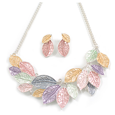 Pastel Multicoloured Enamel Leafy Necklace and Stud Earrings Set in Silver Tone - 42cm L/6cm Ext