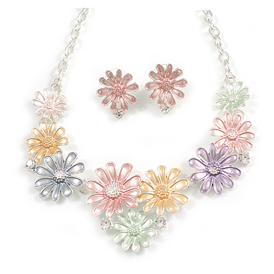 Multicoloured Enamel Daisy Floral Necklace and Stud Earrings Set in Silver Tone - 44cm L/6cm Ext - main view
