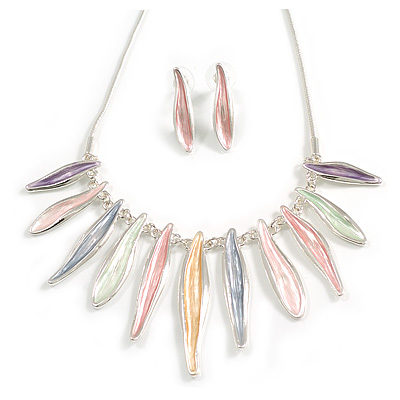 Pastel Enamel Moden Graduated Leaf Necklace and Stud Earrings Set in Silver Tone/Multicoloured - 38cm L/6cm Ext