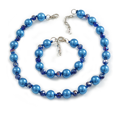 Simulated Pearl and Glass Bead Short Necklace & Bracelet Set in Blue/ 38cm L/ 5cm Ext (Natural Irregularities) - main view