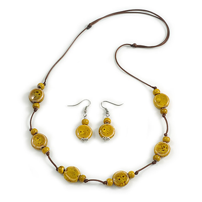 Dusty Yellow Ceramic Coin/ Round Bead Brown Cord Necklace and Drop Earrings Set/48cm L/Slight Variation In Colour/Natural Irregularities