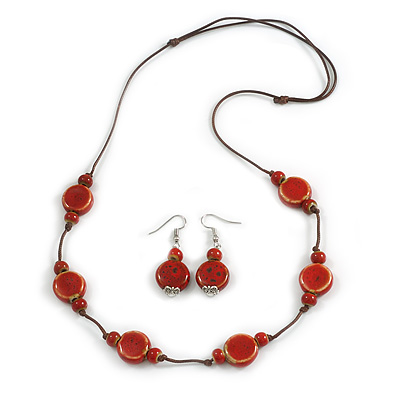 Red Ceramic Coin/ Round Bead Brown Cord Necklace and Drop Earrings Set/48cm L/Slight Variation In Colour/Natural Irregularities
