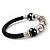 Silver Tone Metal Bead Black Leather Flex Bracelet - up to 20cm Length - view 3
