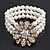 Vintage Multistrand White Simulated Glass Pearl 'Flower' Flex Bracelet - up to 20cm Length