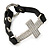 Clear Crystal Cross With Black Leather Style Bracelet In Gold Tone - 18cm L - view 11