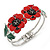 Red/ Black/ Green Enamel, Crystal Poppy Floral Hinged Bangle Bracelet In Silver Tone - 19cm L