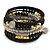 Jet Black Glass, Silver & Gold Tone Acrylic Bead Coiled Flex Bracelet - Adjustable