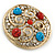 Large Vintage Round Turquoise Stone, Crystal Brooch (Gold Tone) - 67mm Diameter - view 5