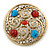 Large Vintage Round Turquoise Stone, Crystal Brooch (Gold Tone) - 67mm Diameter - view 2