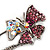Rhodium Plated Pink Butterfly Safety Pin Brooch - view 3
