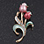 Pink Enamel Diamante 'Tulip' Brooch In Gold Finish - 5cm Length - view 4