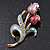 Pink Enamel Diamante 'Tulip' Brooch In Gold Finish - 5cm Length - view 6