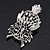 Oversized Rhodium Plated Filigree Dim Grey Crystal 'Owl' Brooch - 7.5cm Length - view 4