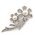 'Double Flower' Simulated Pearl/ Crystal Brooch In Rhodium Plating - 7.5cm Length - view 2