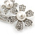 'Double Flower' Simulated Pearl/ Crystal Brooch In Rhodium Plating - 7.5cm Length - view 4