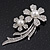 'Double Flower' Simulated Pearl/ Crystal Brooch In Rhodium Plating - 7.5cm Length