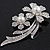 'Double Flower' Simulated Pearl/ Crystal Brooch In Rhodium Plating - 7.5cm Length - view 5