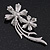 'Double Flower' Simulated Pearl/ Crystal Brooch In Rhodium Plating - 7.5cm Length - view 6