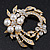 White Simulated Glass Pearl/ Clear Crystal Wreath Brooch In Gold Plating - 5cm Diameter