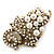 Bridal Vintage White Simulated Glass Pearl Floral Brooch In Burn Gold Metal - 5cm Length - view 2
