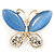 Cobalt Blue Cat's Eye Stone/ Diamante Butterfly Brooch In Gold Plating - 40mm Width - view 3