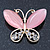 Pink Cat's Eye Stone/ Diamante Butterfly Brooch In Gold Plating - 40mm Width - view 2