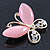 Pink Cat's Eye Stone/ Diamante Butterfly Brooch In Gold Plating - 40mm Width - view 4