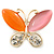 Orange/Pink Cat's Eye Stone/ Diamante Butterfly Brooch In Gold Plating - 40mm Width - view 3