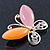 Orange/Pink Cat's Eye Stone/ Diamante Butterfly Brooch In Gold Plating - 40mm Width - view 2